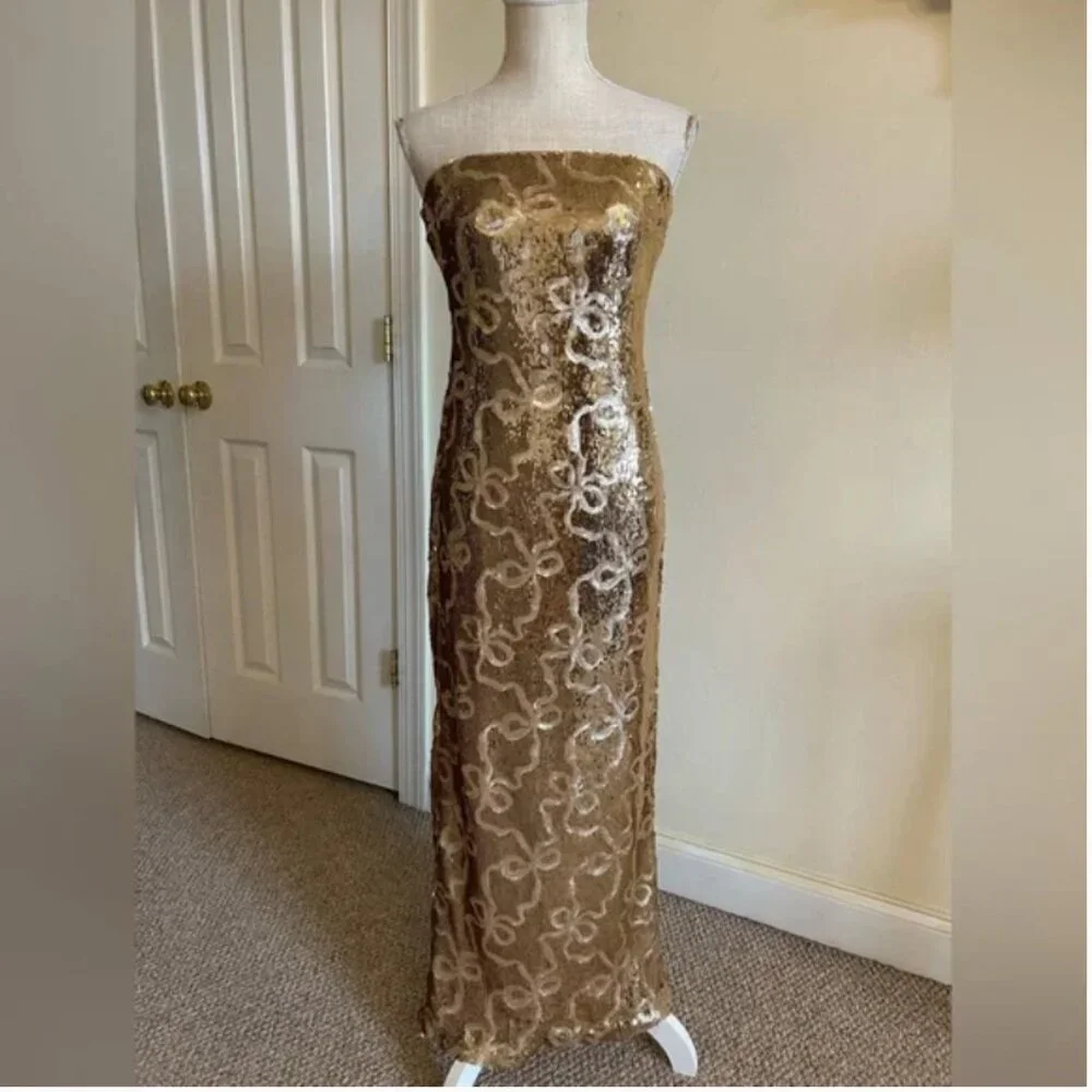 Anthropologie If by Sea Maxi Strapless Gold Sequence Dress size S - Picture 3 of 11